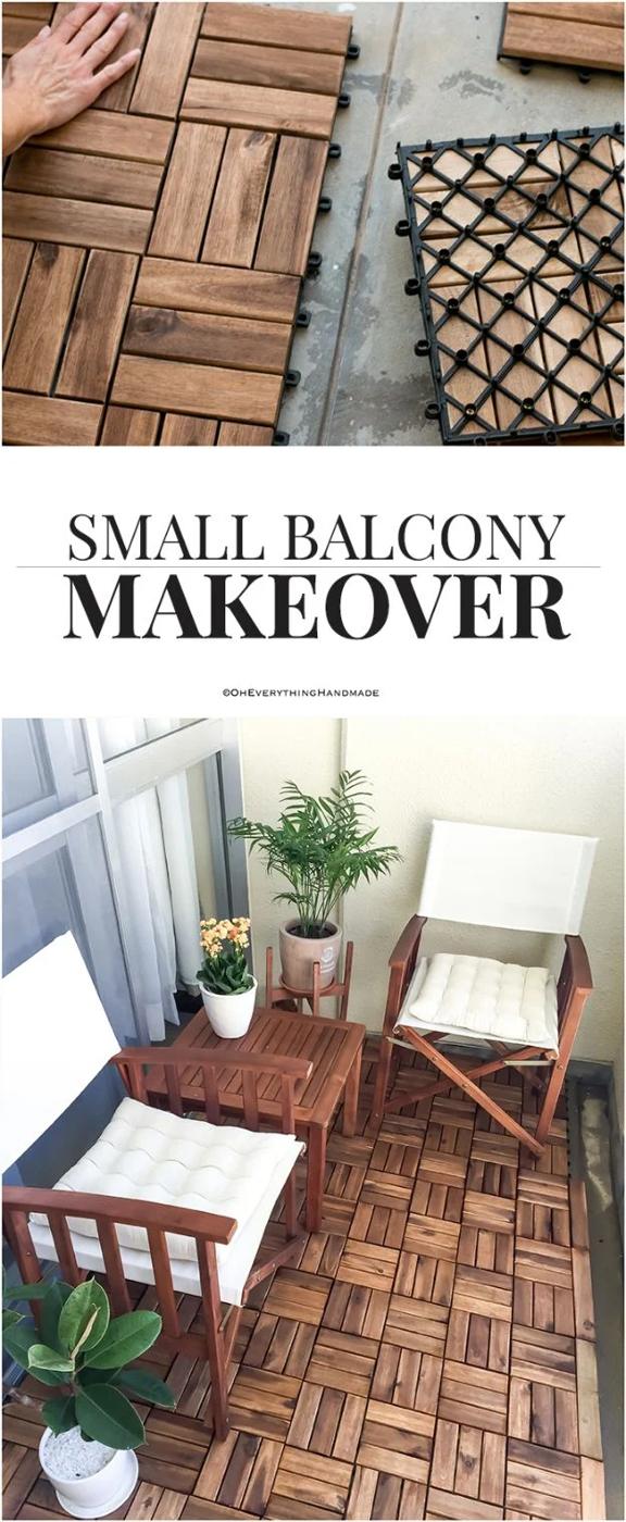 Small balcony makeover, two hands pressing an interlocking wooden deck tile down beside a finished balcony floor