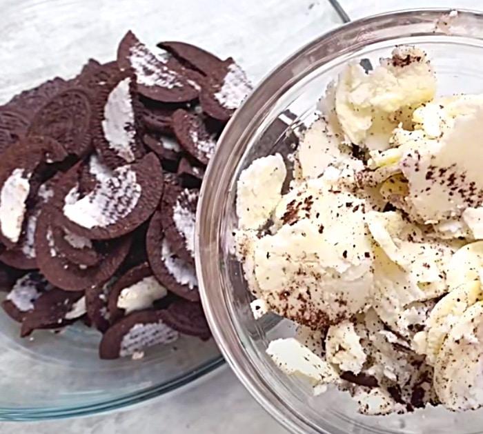 Separate and crush Oreo cookies to make a cake