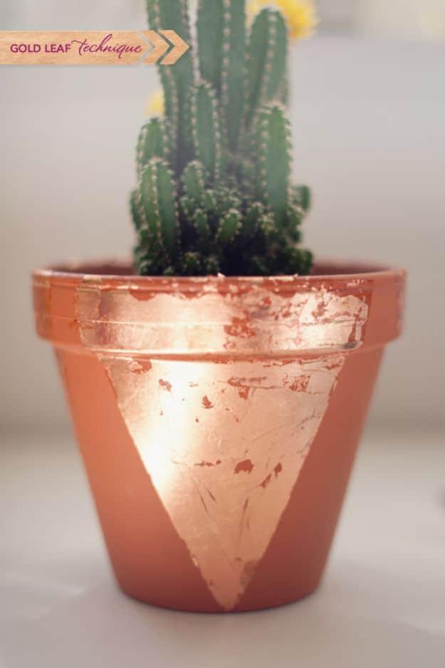 DIY Ideas for Clay Pots - Gold Leaf Terra Cotta Pots - Cute Gardening Projects Tutorials for Decorating Pots - Pretty Rustic and Farmhouse Planters for Cheap Home Decor