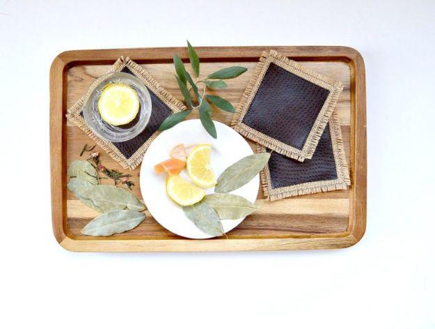 Leather And Burlap Fringe Coasters, a popular choice on this list and one of the prettiest burlap decor ideas to try
