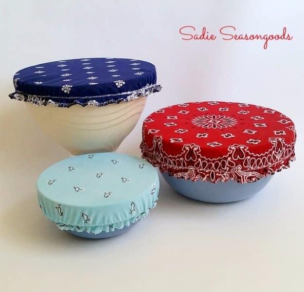 Vintage bandanas sewn into elastic bowl covers, red and blue paisley stretched over bowls in country style
