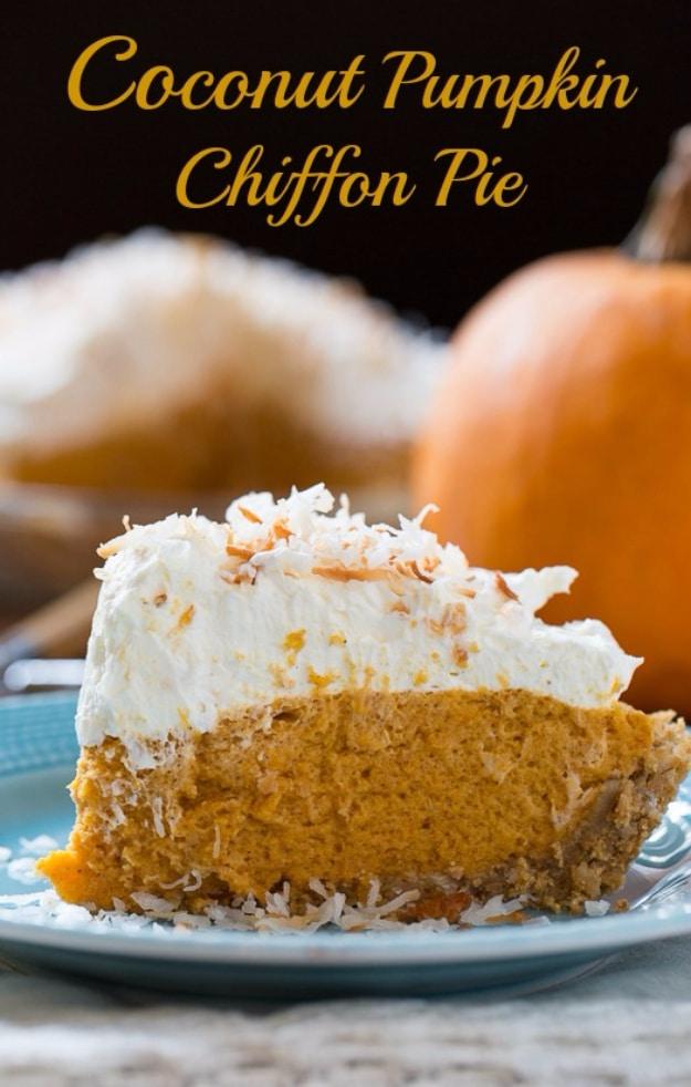 Coconut pumpkin chiffon pie with a light airy no bake pumpkin filling topped with mascarpone whipped cream