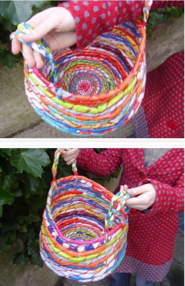 Child holding a coiled basket made from brightly colored plastic bag cords stitched with twine, seen twice
