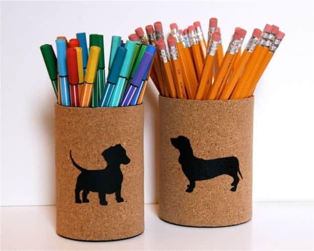 Cork Covered Pencil Cups, an upcycled metal accent, a fast weekend build even for a novice and a keepsake worth handing down