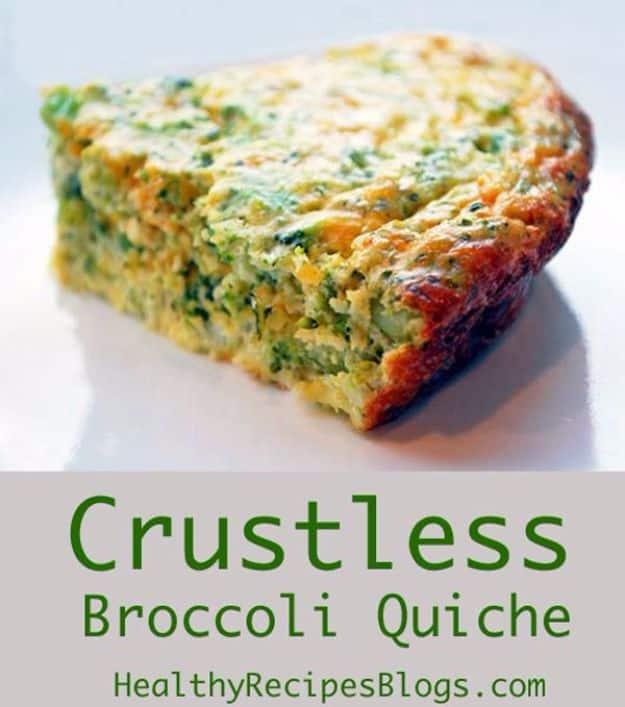 Crustless broccoli quiche, one thick slice on a white plate, golden on top with cheddar and broccoli set in egg