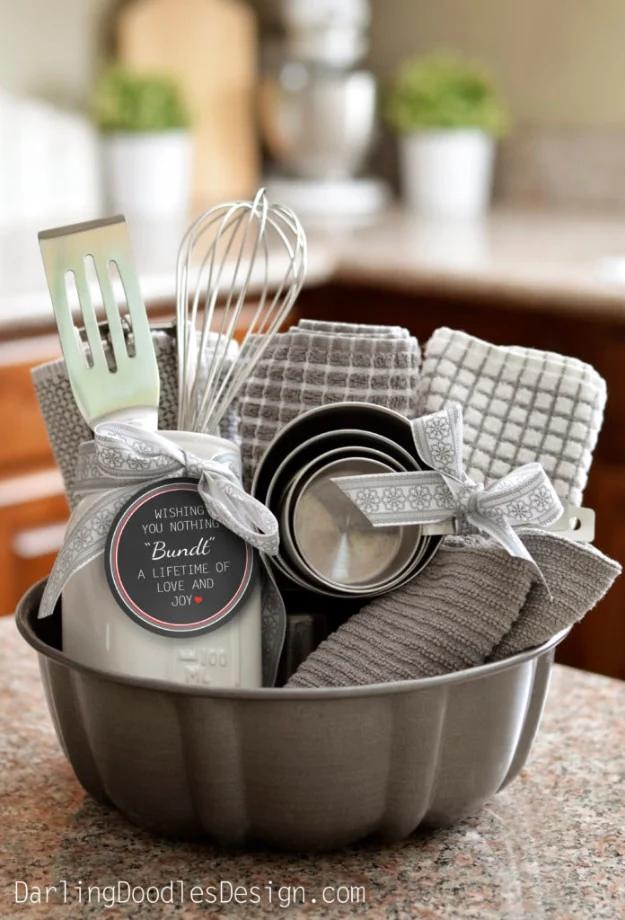 Housewarming gift basket built around a bundt pan for a sweet new home treat worth trying this weekend