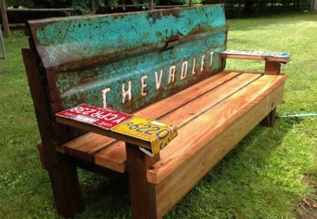 DIY Patio Furniture Ideas - Garden Bench With An Old Tailgate - Cheap Do It Yourself Porch and Easy Backyard Furniture, Rocking Chairs, Swings, Benches, Stools and Seating Tutorial