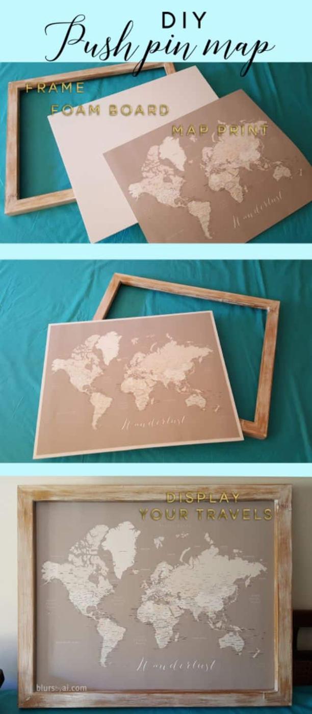 DIY Push Pin Map, budget friendly using stuff already sitting in a bin and a keepsake worth handing down