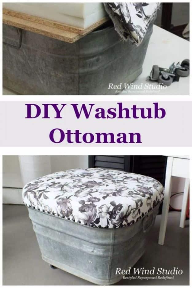 DIY Wash Tub Ottoman, a welcoming outdoor touch, budget friendly using stuff already sitting in a bin