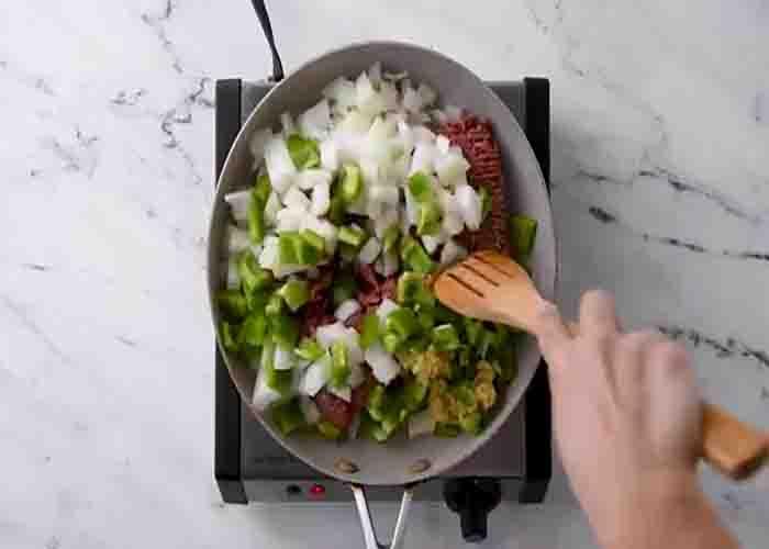 Sauteing the veggies for the hamburger soup recipe