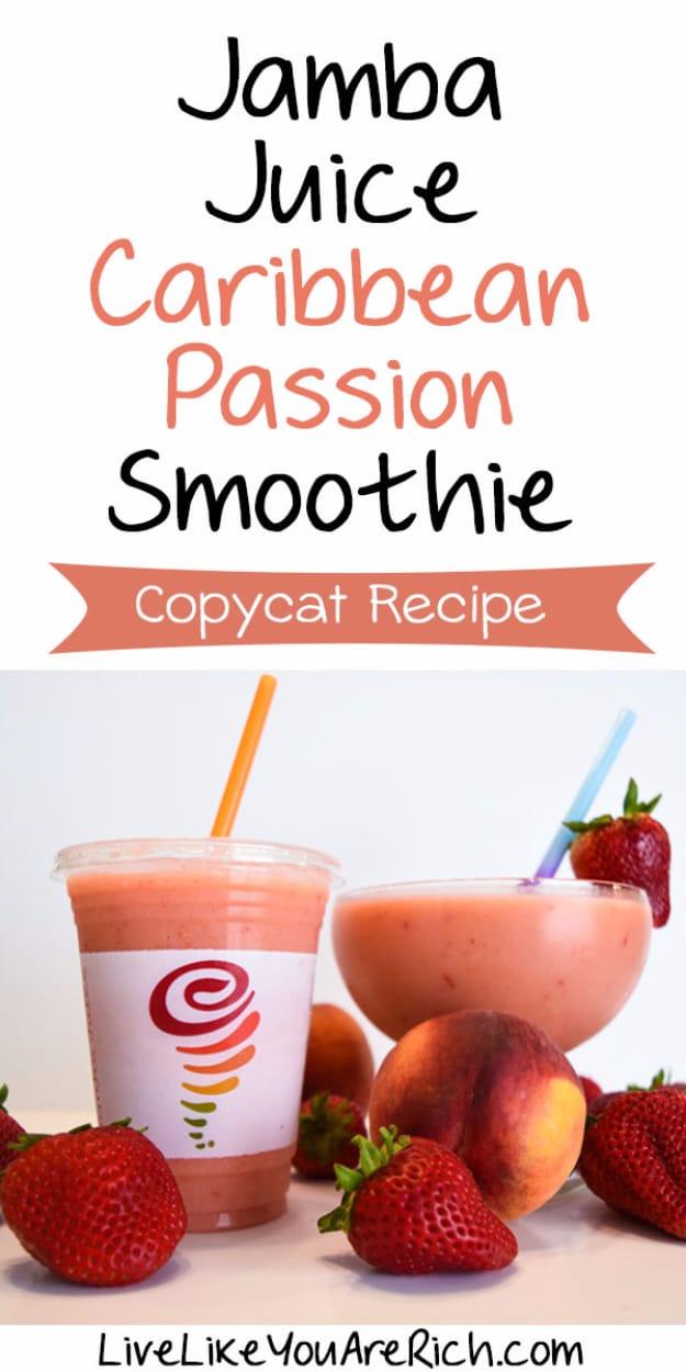 Jamba Juice Caribbean passion smoothie copycat, a thick orange smoothie with strawberries and peaches