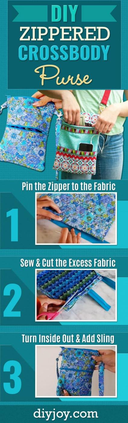 DIY Zippered Cross Body Purse - Easy Sewing Project With Step by Step Tutorial and Video - Free Sewing Patterns and Ideas - Cute DIY Fashion and Handmade Gift Ideas for Women - DIY