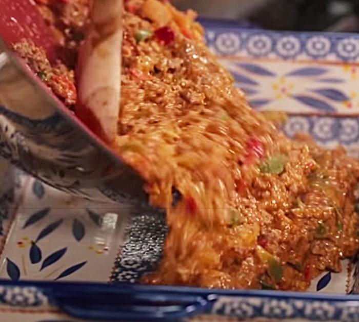 Put Sloppy Joe Ground Beef In A Casserole Dish To Make Tater Tot Casserole