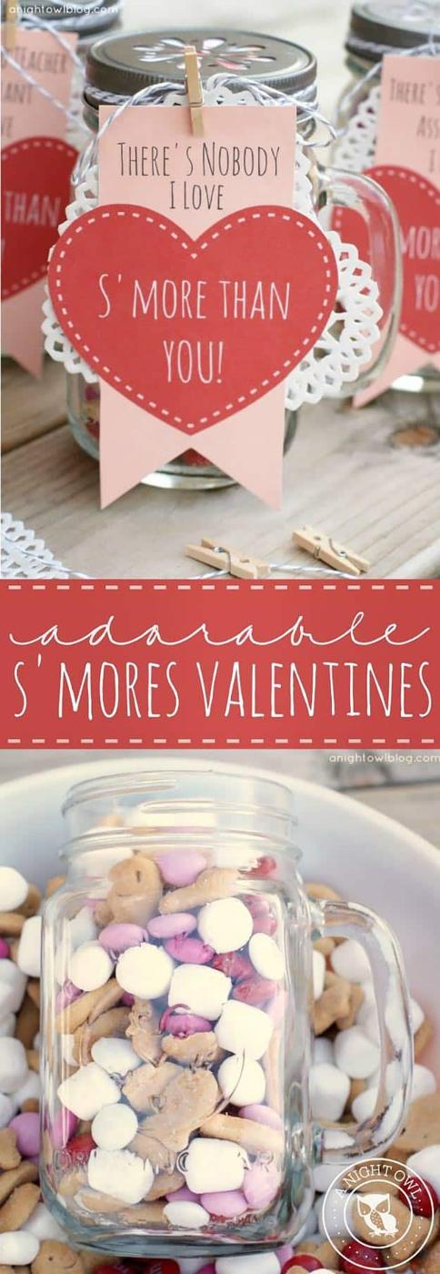 Mason jar packed with graham crackers marshmallows and chocolate as a s'mores Valentine gift in a jar
