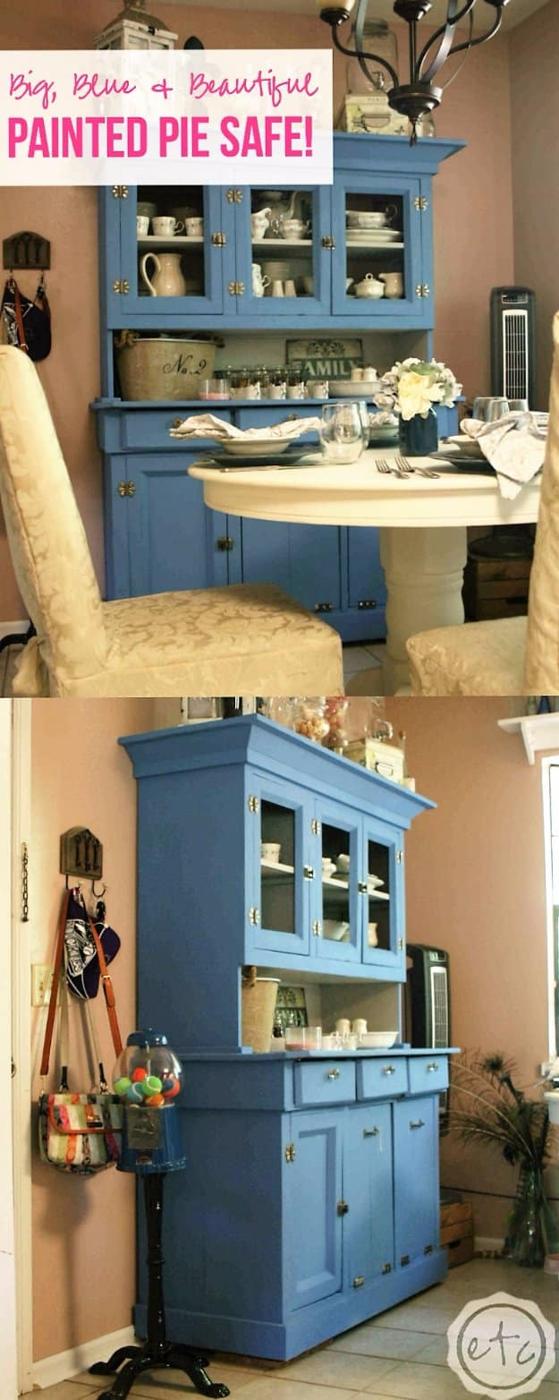 Painted pie safe graphic showing the tall cabinet cream before and deep blue after, with wire fronted top doors