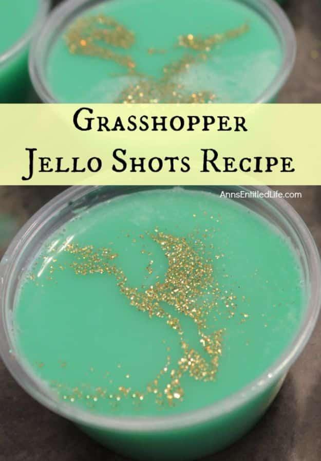 Grasshopper jello shots in green, set in small souffle cups from creme de cacao, milk and mint liqueur