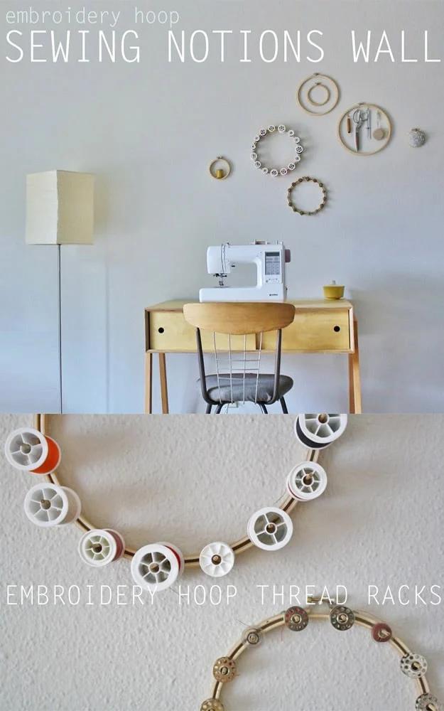 Two embroidery hoops on a wall fitted with short dowels holding thread spools and bobbins, in a two panel collage