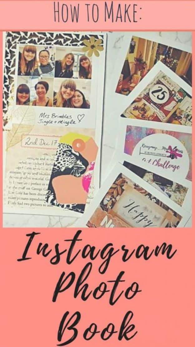 Typeset How to Make Instagram Photo Book graphic over a photo of an open journal spread of square prints