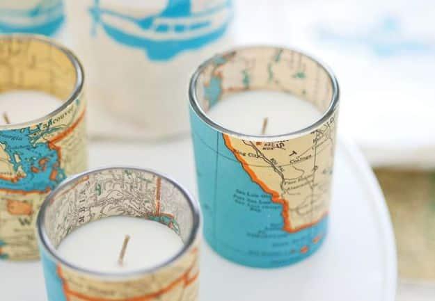 DIY Vintage Map Votive Candles, quick enough to finish before nap time and a detail guests always ask about