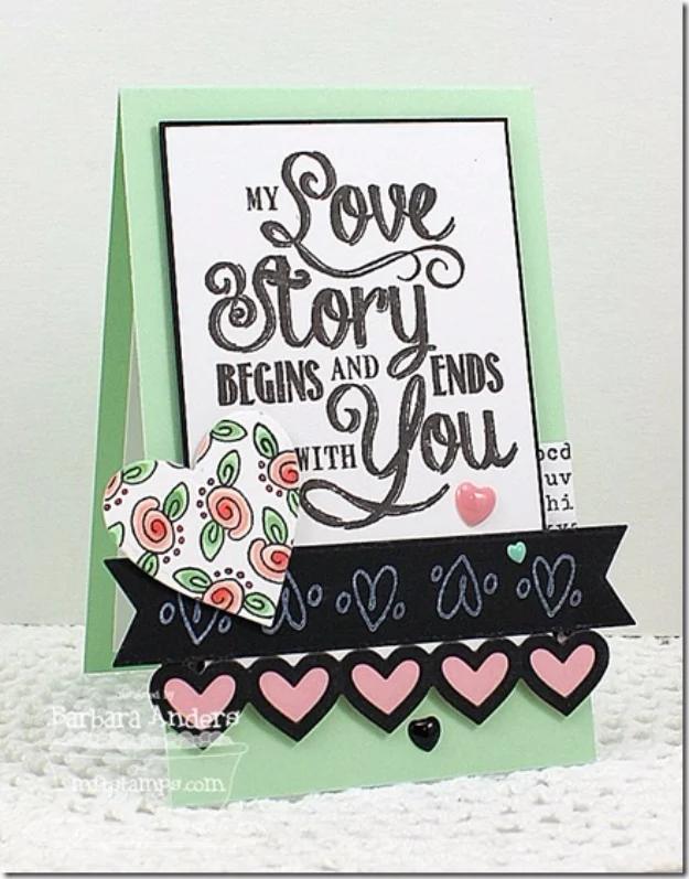 My Love Story card, a skinny stamped Valentine card with a die cut heart border hanging off one side