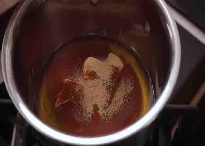 Making the hot honey sauce for the crispy chicken