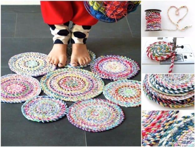 Collage of six coiled spiral mats made from multicolored fabric twine, with panels showing the twine being sewn
