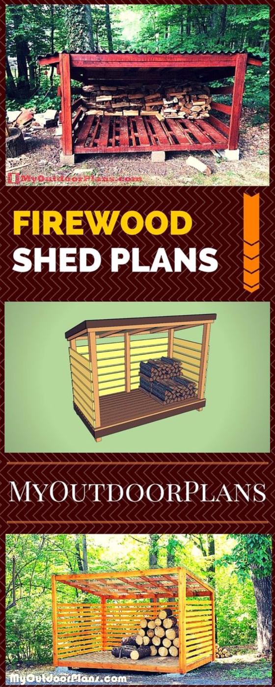 Firewood shed plans, a photo and drawing set showing three open fronted log stores filled with split firewood