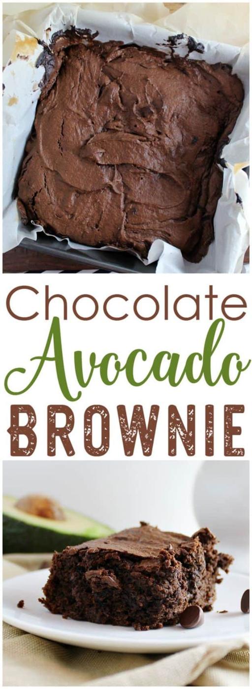 Two panel pin graphic, a pan of dark chocolate avocado brownies above one cut square, white text band between