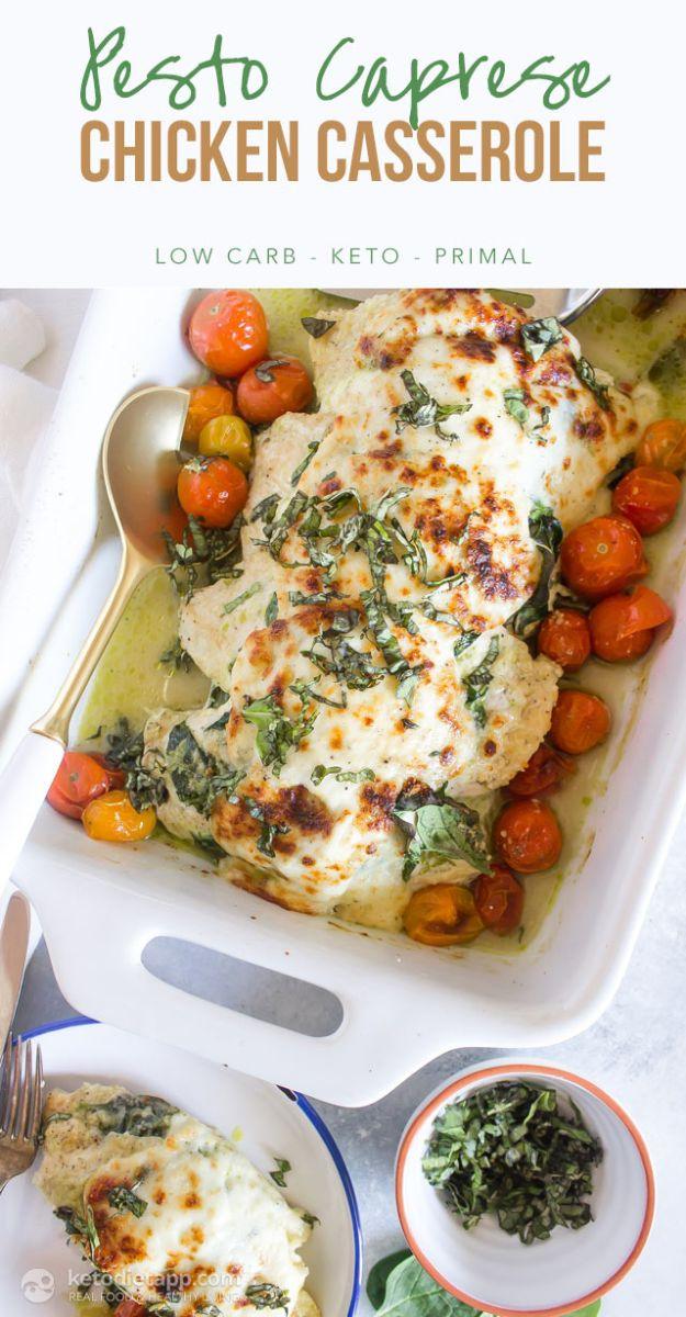 Low carb pesto caprese chicken casserole with roasted cherry tomatoes in a white dish under a title graphic