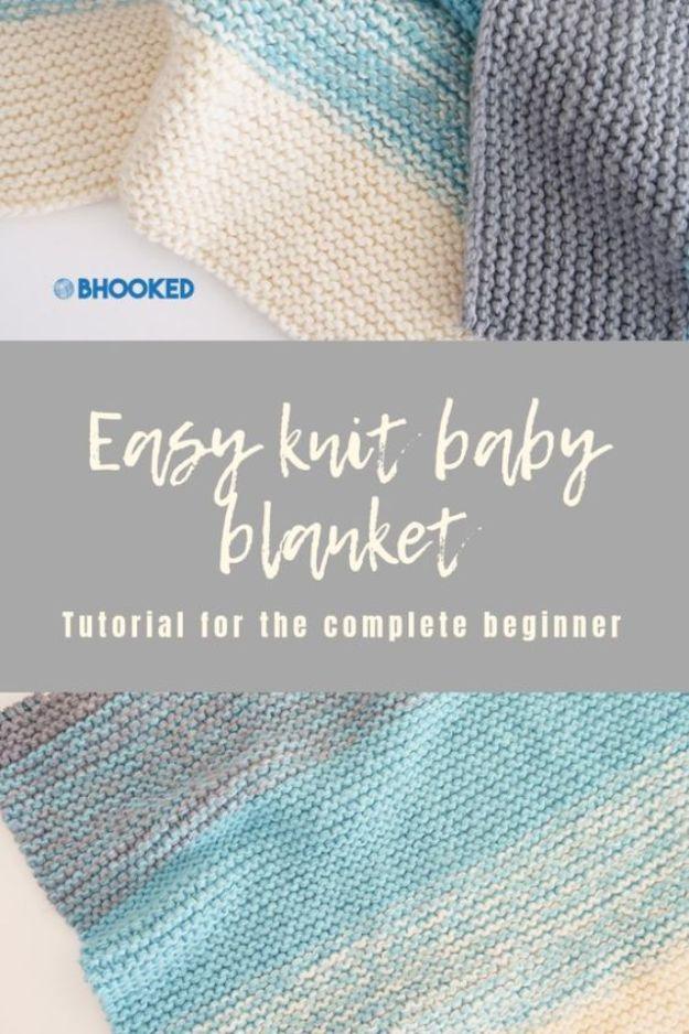Garter stitch baby blanket in wide cream, misty blue and gray stripes, shown folded with a close up below