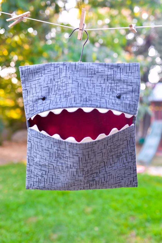 DIY Shark Clothespin Bag, low mess and low stress to make and a clever way to use scraps you already have