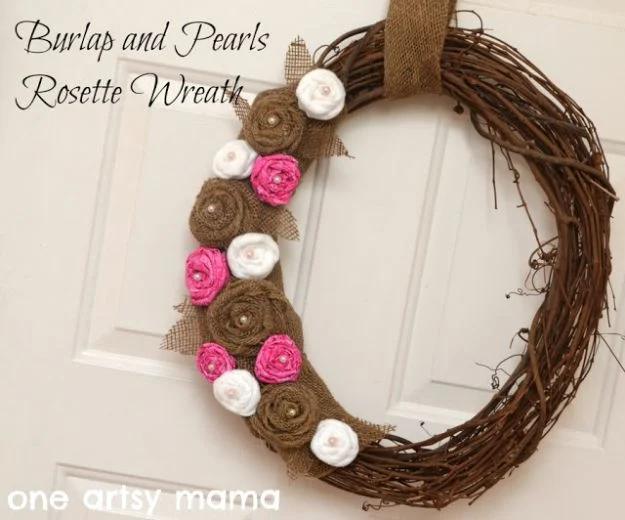Graphic titled Burlap and Pearls Rosette Wreath over a grapevine wreath of burlap, cream and pink rosettes with pearls
