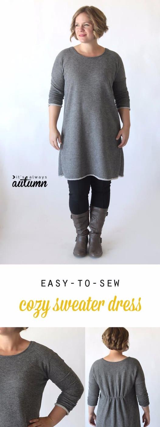 Easy to Sew Breezy Tee Long Sleeve Sweater Dress, a simple weekend sewing project and a creative way to use up fabric scraps