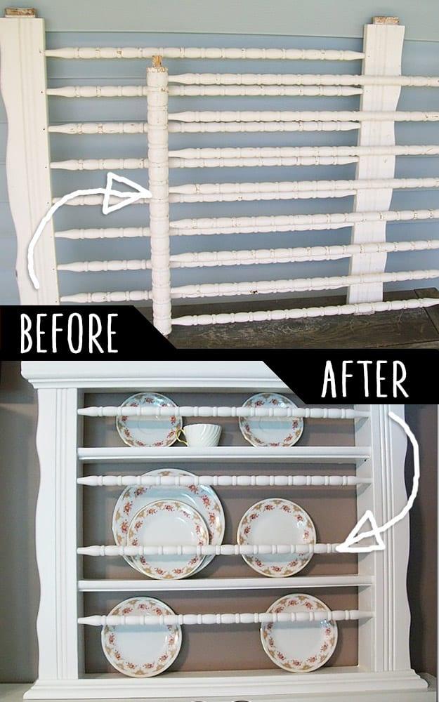 Before and after collage of a white spindled crib end panel above the same panel built into a wall plate rack of floral china