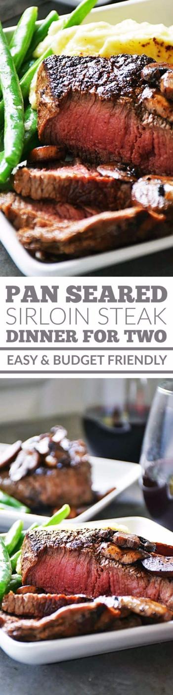 Pan seared sirloin steak dinner for two with mashed potatoes and sauteed mushrooms cooked in a cast iron pan