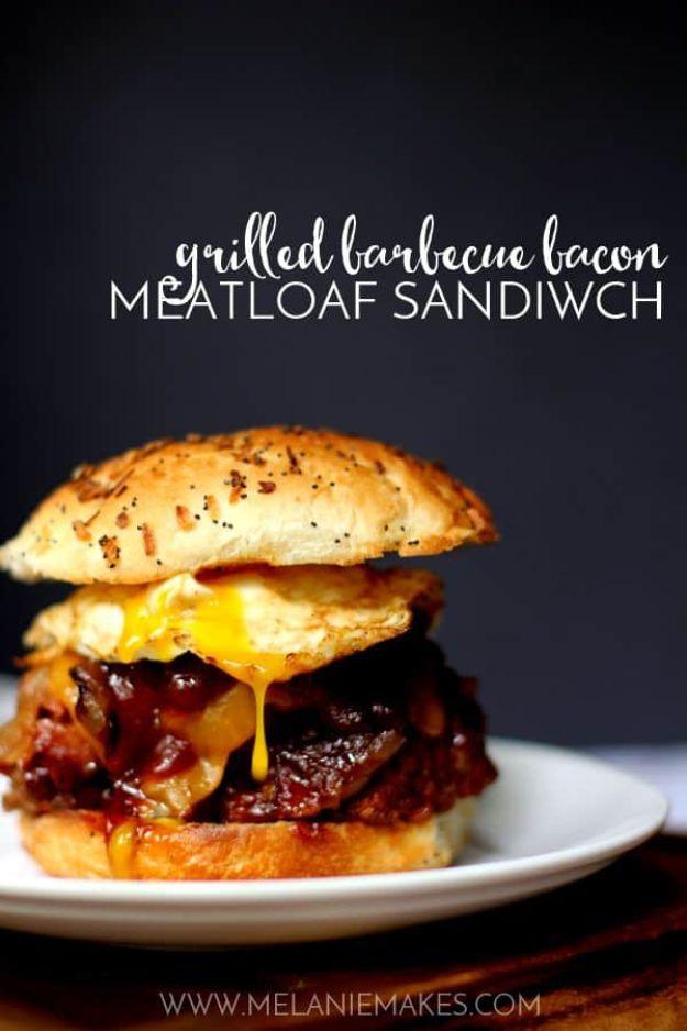 Pin graphic, black banner in white script above a bacon meatloaf sandwich on a seeded bun with a runny fried egg