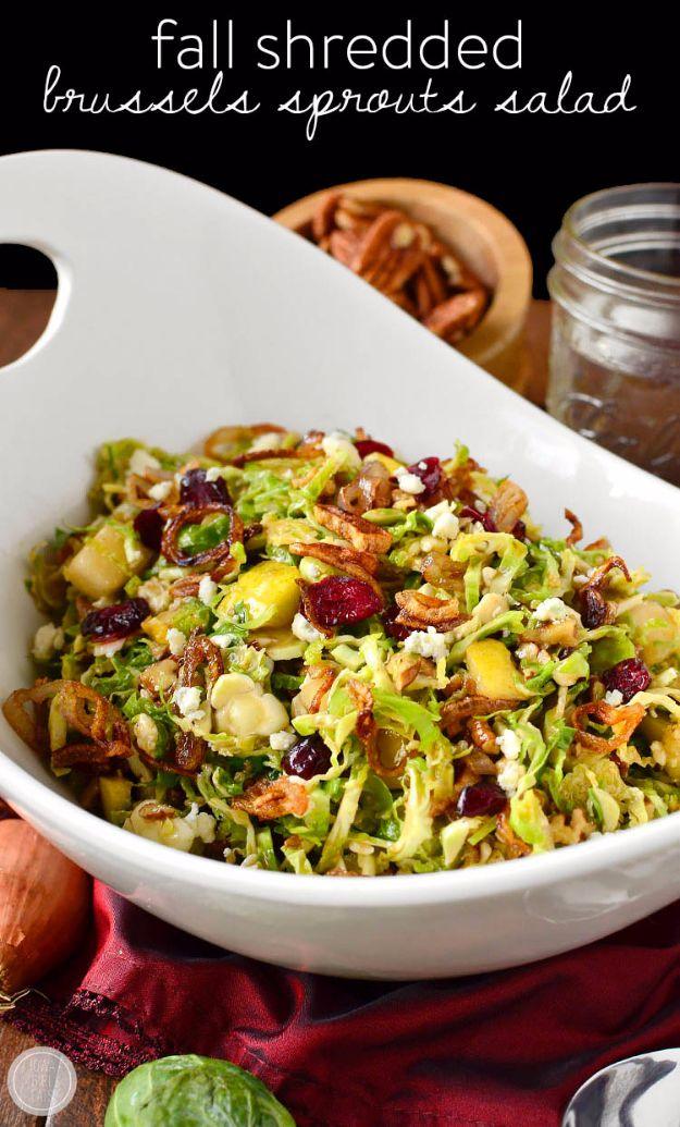 Fall shredded brussels sprouts salad with cranberries, pecans, pear, gorgonzola and crispy fried shallots