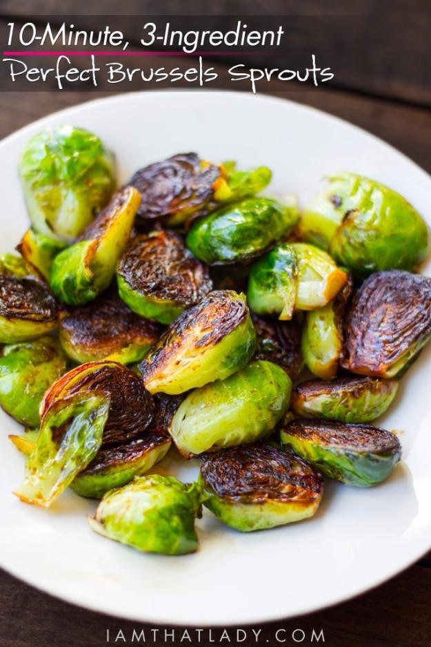 Pan roasted Brussels sprouts with caramelized cut sides, a quick 3 ingredient recipe ready in ten minutes
