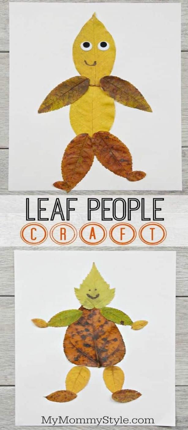 Two leaf people made from yellow and brown autumn leaves glued to white paper with drawn faces, under a typeset title