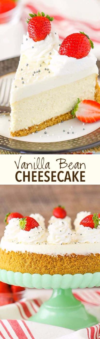 Two panel pin graphic titled Vanilla Bean Cheesecake, a strawberry topped slice above a whole cake on a mint stand