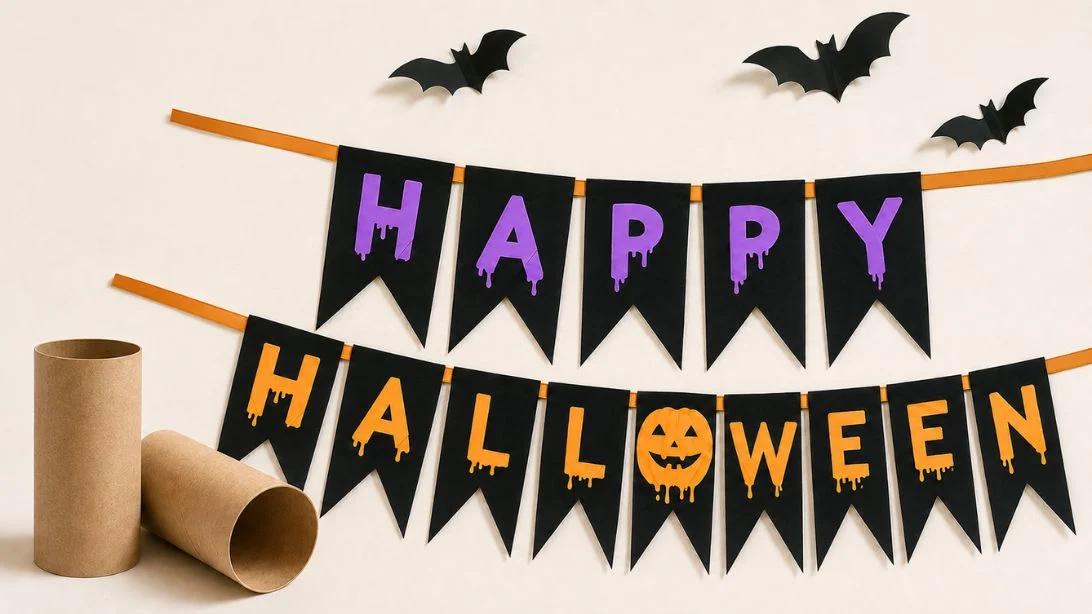 Halloween crafts - finished DIY Happy Halloween banner made from toilet paper rolls hanging on a wall