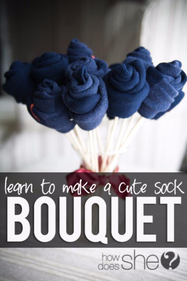 A bouquet of rolled socks arranged to look like roses in a vase, a fun handmade Valentine gift for him
