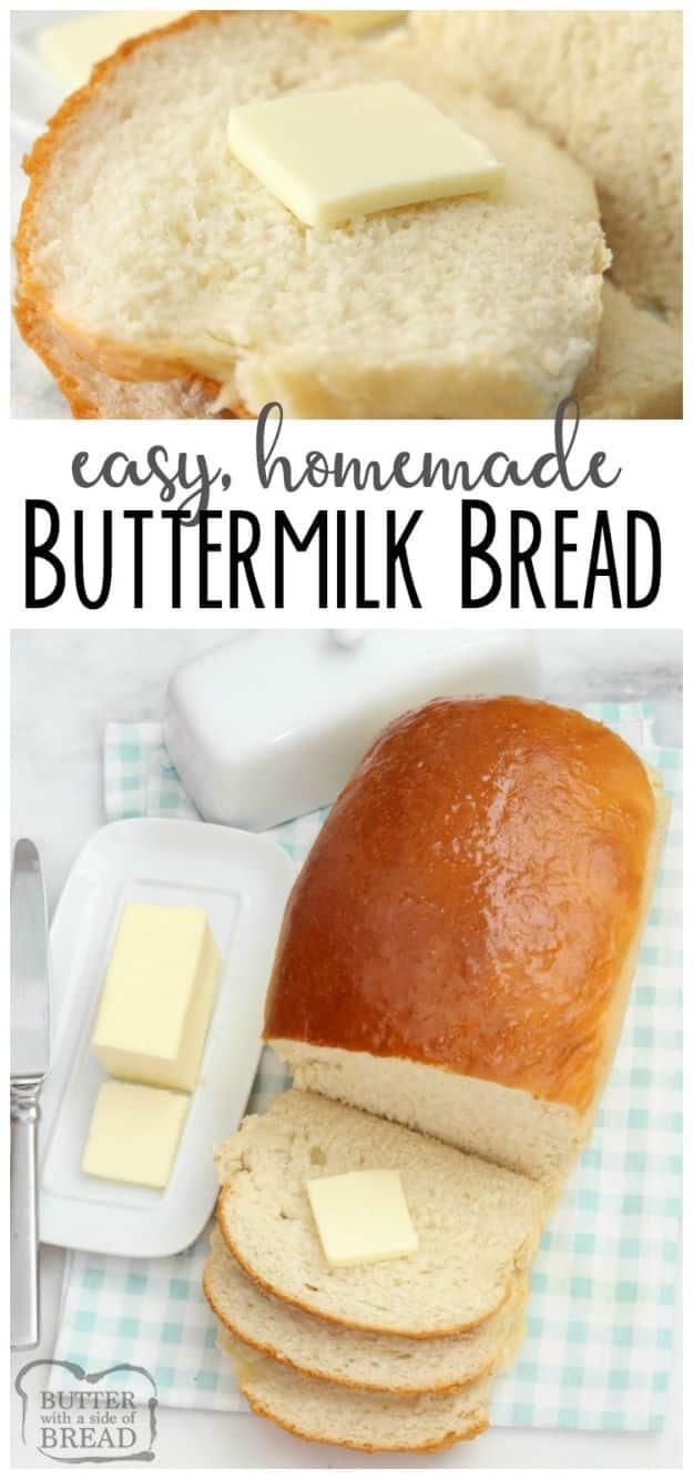 Homemade buttermilk bread loaf with a soft golden crust, sliced thickly to show the tender even crumb