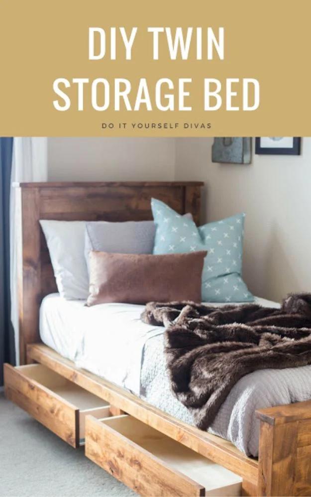 DIY twin storage bed graphic showing a warm wood twin bed with deep drawers pulled open underneath it