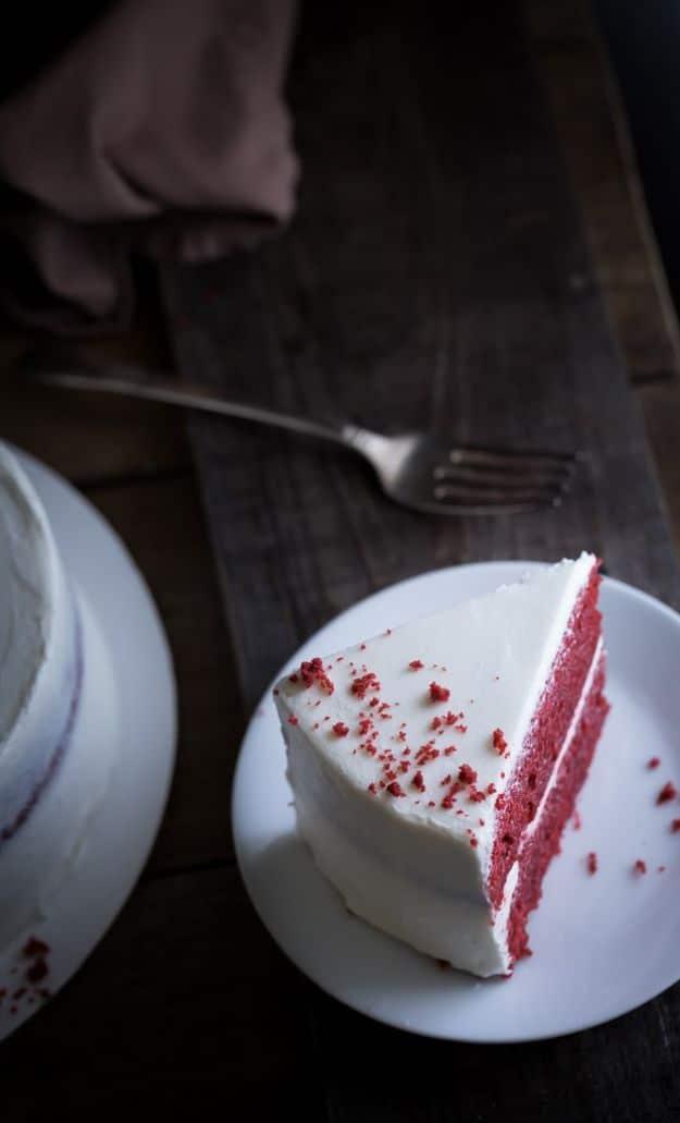 Moist red velvet layer cake with tender crumb and cream cheese frosting, a Southern birthday classic