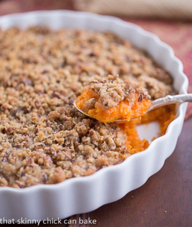 Praline topped sweet potato casserole under a brown sugar pecan crumble, baked in a two quart baking dish