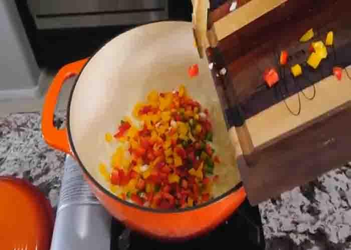 Sauteing the vegetables for the chicken chili
