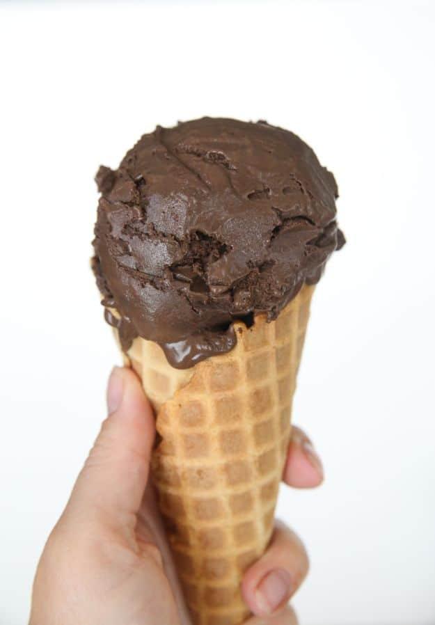 Homemade dark chocolate fudge ice cream in a container, deep brown and rich, a custard based frozen dessert