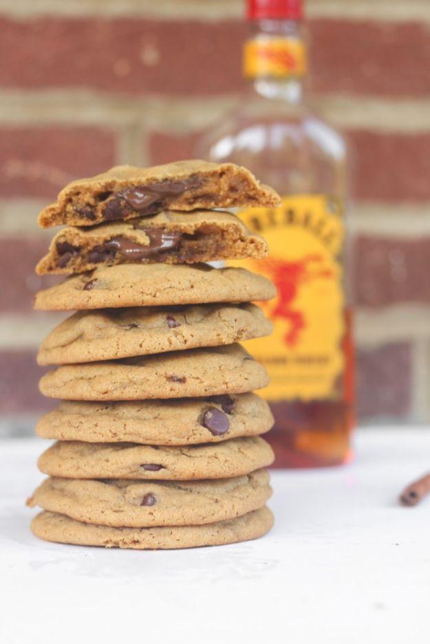 Fireball Whiskey Recipes - Fireball Whiskey Brown Butter Chocolate Chip Cookies - Fire ball Whisky Recipe Ideas - Pie, Desserts, Drinks, Homemade Food and Cocktails - Easy Treats a