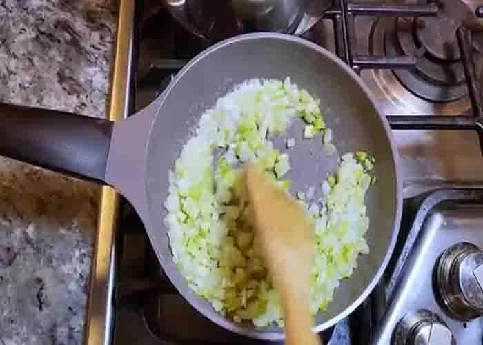 Sauteing the onion and celery for the buffalo chicken spaghetti